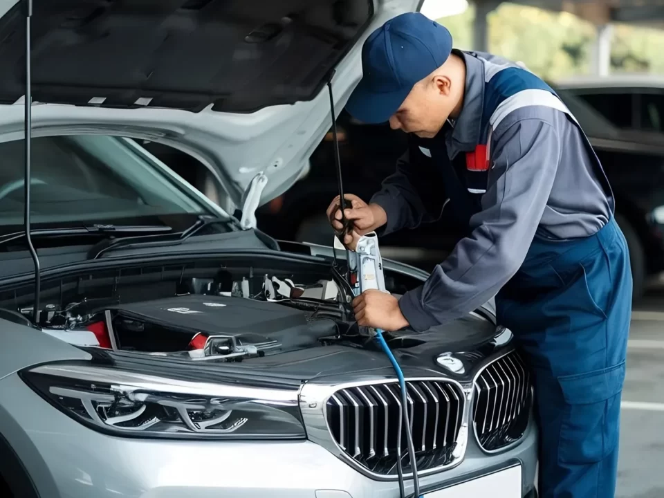 Technician checking a car air conditioner and refrigerant under the hood